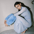 Fall Long Sleeve Light Blue Tencel Dress Slim Fit Solid Color Mesh Oversleeve Dress