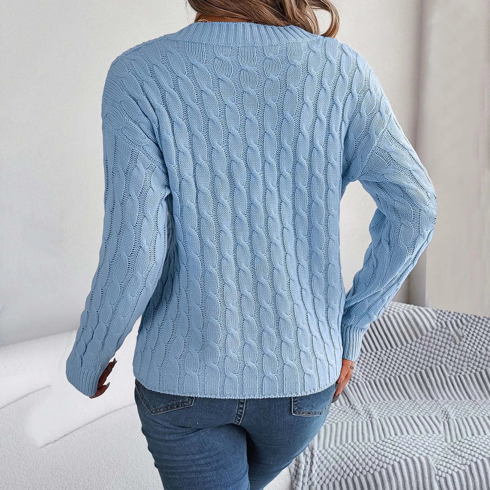 Fashion Solid Long Autumn Winter Casual Vneck Pullover Sweater