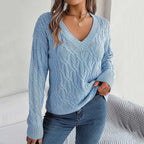 Fashion Solid Long Autumn Winter Casual Vneck Pullover Sweater