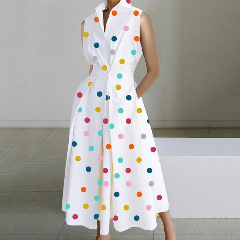 Fashion Casual Turndown Collar Printed Sleeveless Loose Elegant Slim Fit Midi Dresses