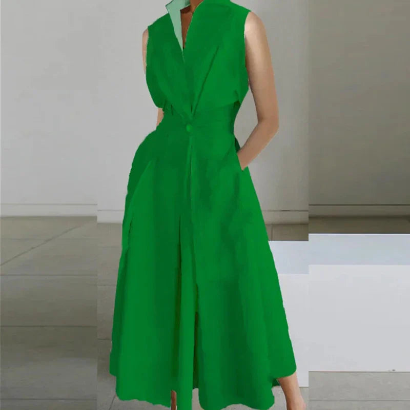 Fashion Casual Turndown Collar Printed Sleeveless Loose Elegant Slim Fit Midi Dresses