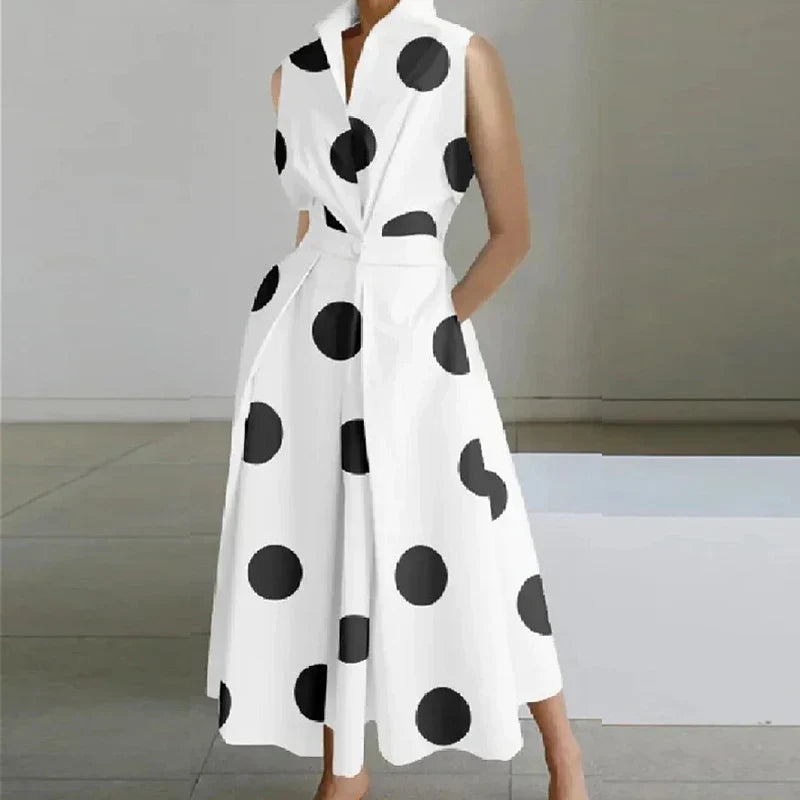 Fashion Casual Turndown Collar Printed Sleeveless Loose Elegant Slim Fit Midi Dresses