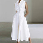 Fashion Casual Turndown Collar Printed Sleeveless Loose Elegant Slim Fit Midi Dresses