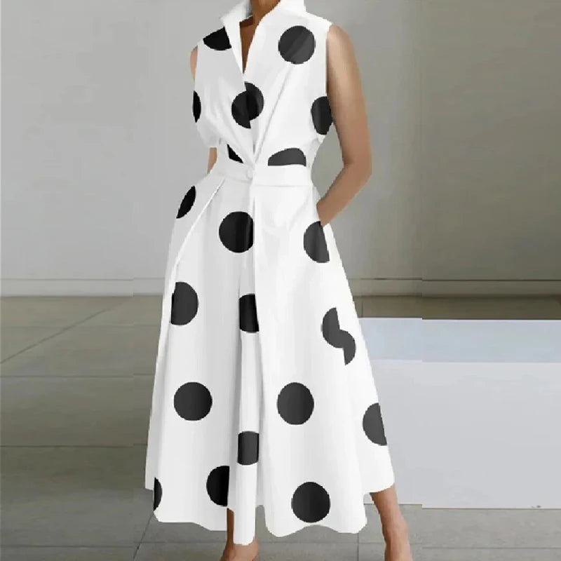 Fashion Casual Turndown Collar Printed Sleeveless Loose Elegant Slim Fit Midi Dresses