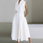Fashion Casual Turndown Collar Printed Sleeveless Loose Elegant Slim Fit Midi Dresses