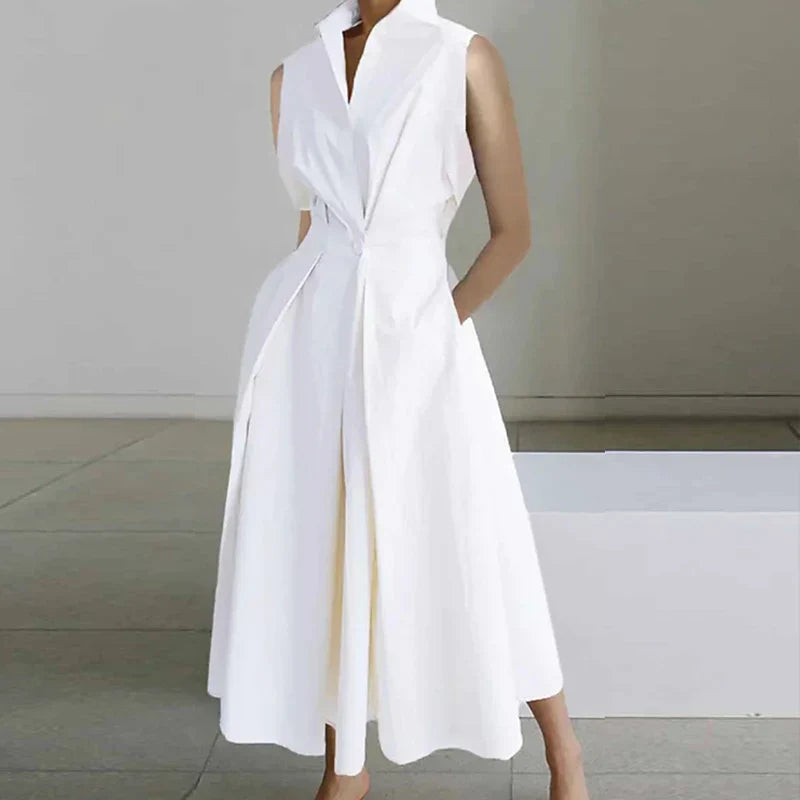 Fashion Casual Turndown Collar Printed Sleeveless Loose Elegant Slim Fit Midi Dresses