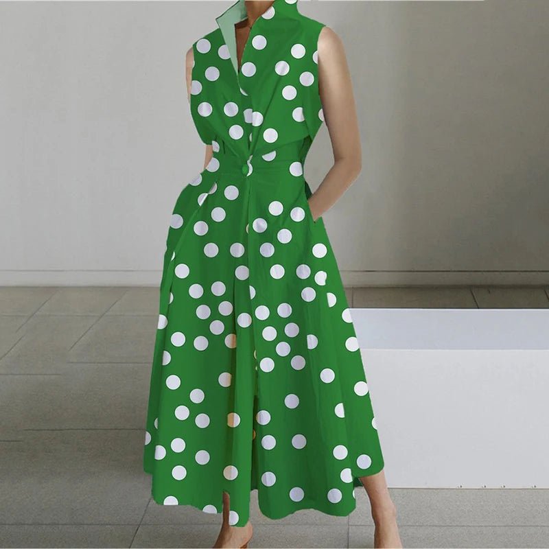Fashion Casual Turndown Collar Printed Sleeveless Loose Elegant Slim Fit Midi Dresses