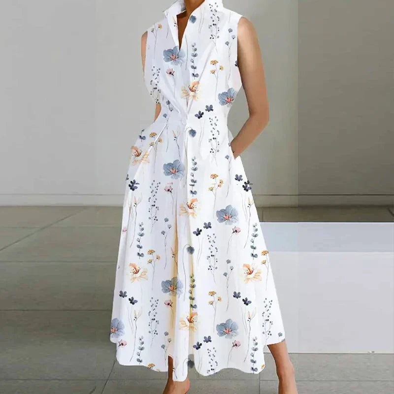 Fashion Casual Turndown Collar Printed Sleeveless Loose Elegant Slim Fit Midi Dresses