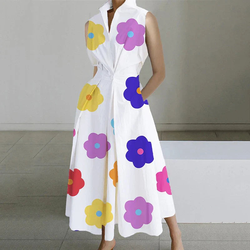 Fashion Casual Turndown Collar Printed Sleeveless Loose Elegant Slim Fit Midi Dresses