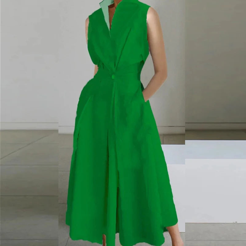 Fashion Casual Turndown Collar Printed Sleeveless Loose Elegant Slim Fit Midi Dresses