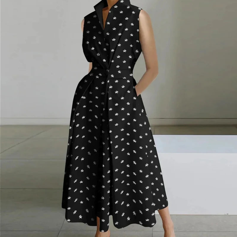 Fashion Casual Turndown Collar Printed Sleeveless Loose Elegant Slim Fit Midi Dresses