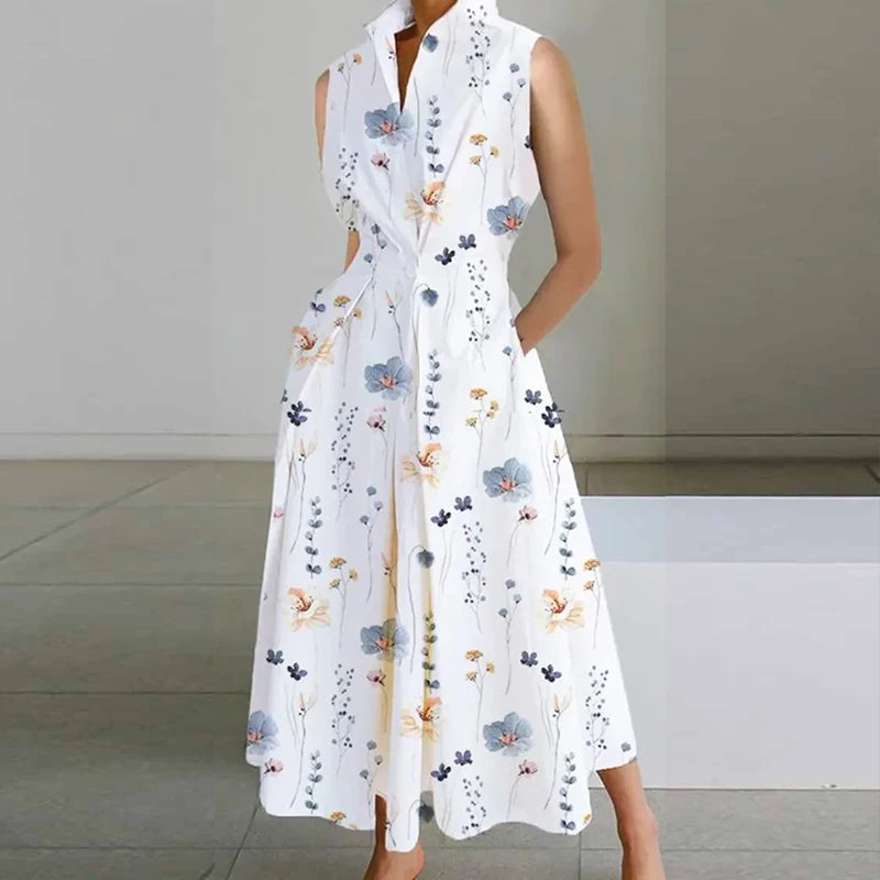 Fashion Casual Turndown Collar Printed Sleeveless Loose Elegant Slim Fit Midi Dresses