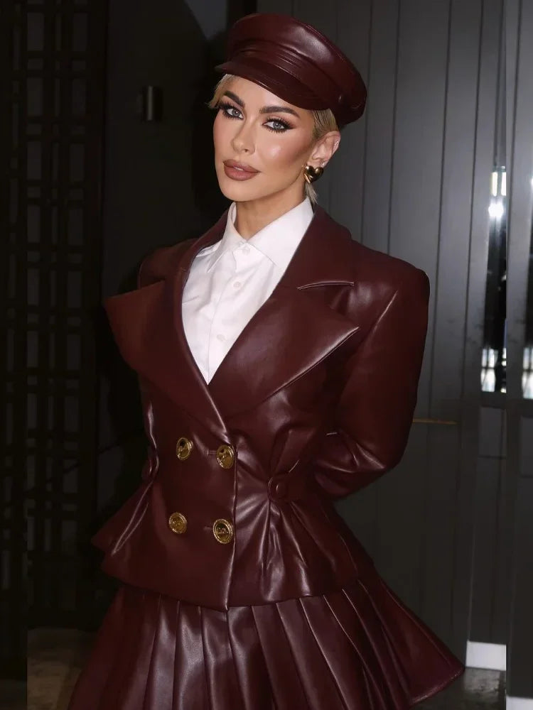 Fashion Chic High Pleated Mini Lapel Doublebreasted Female New Coat