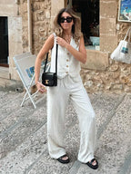 Cotton Linen Striped Wide Leg Office Two Piece Set