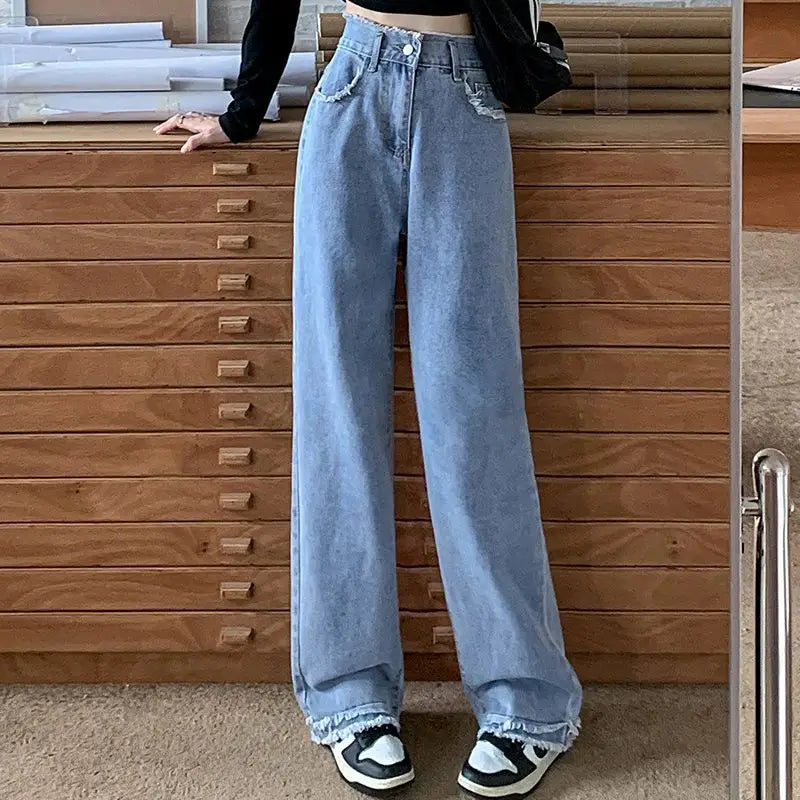 Blue Straight Basic Loose Casual FullLength Women Jeans