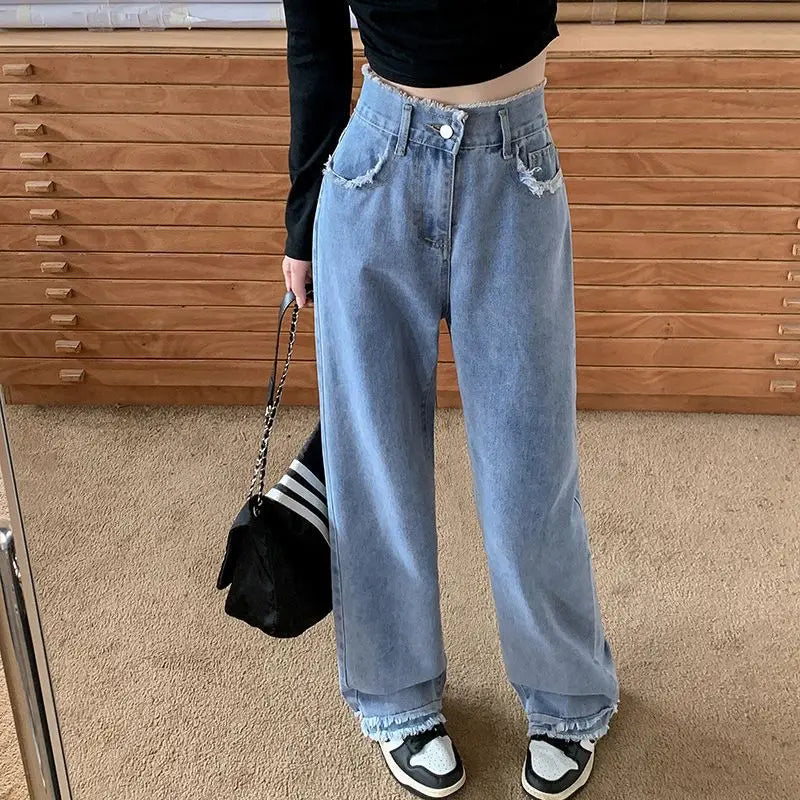 Blue Straight Basic Loose Casual FullLength Women Jeans