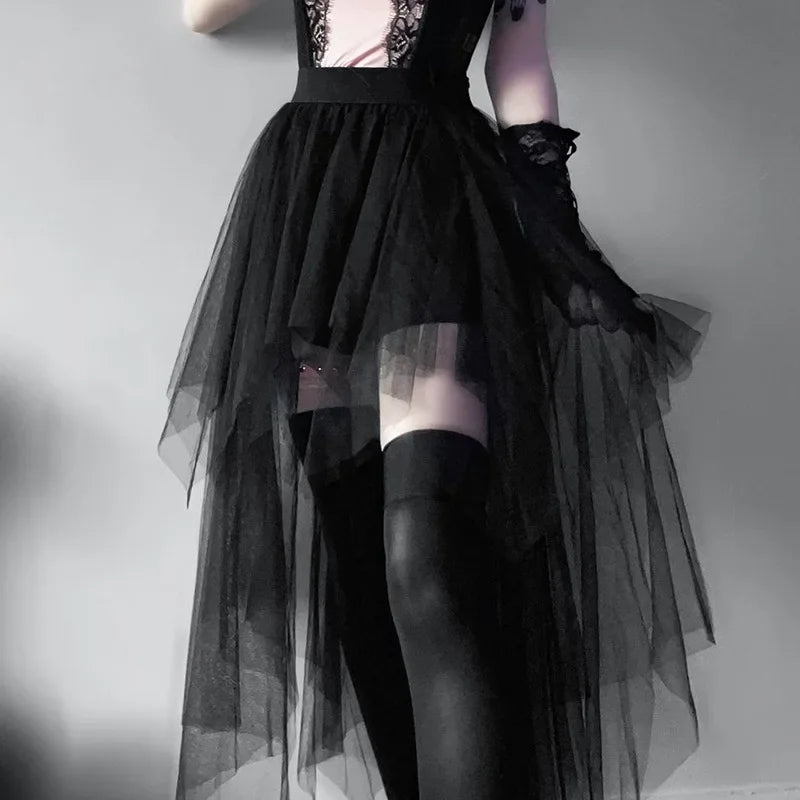 Fashion Net Yarn HighWaisted Irregular for Women Gothic Style Summer Casual Sexy Skirt