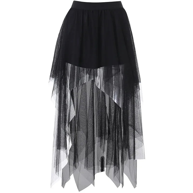 Fashion Net Yarn HighWaisted Irregular for Women Gothic Style Summer Casual Sexy Skirt