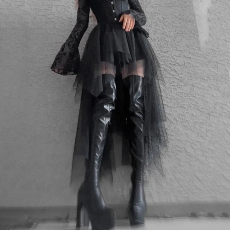 Fashion Net Yarn HighWaisted Irregular for Women Gothic Style Summer Casual Sexy Skirt