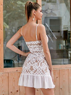 Fashion Sexy Pleated Hem Guipure Flora Lace Cami Dress with Chiffon Ruffle Vacation dress Formal dress Party skirt Banquet skirt