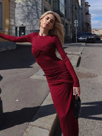 Fashion O-neck Long Sleeve High Waist Bodycon Red Party Dress