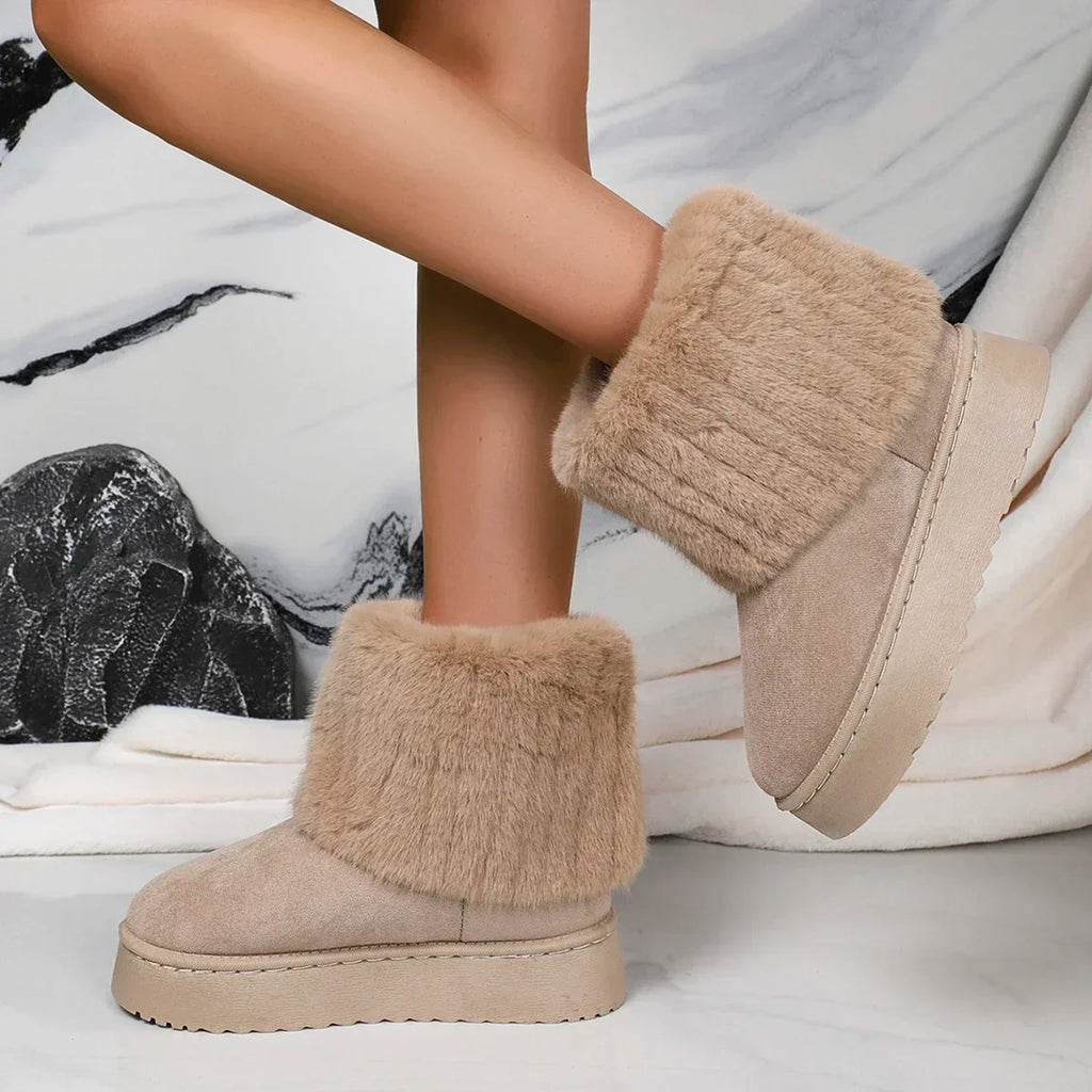 Fashion Women Round Toe Warm Thickened Plush Winter Beige Midcalf Boots Thick Sole Casual Comfortable Antislip Women Snow Boot