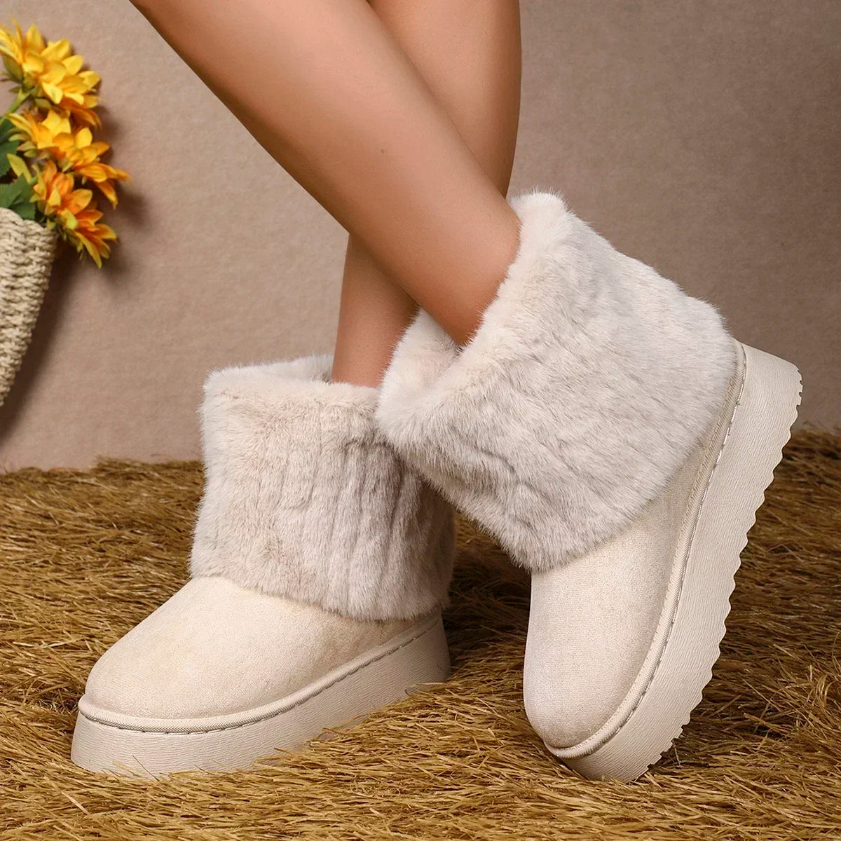 Fashion Women Round Toe Warm Thickened Plush Winter Beige Midcalf Boots Thick Sole Casual Comfortable Antislip Women Snow Boot
