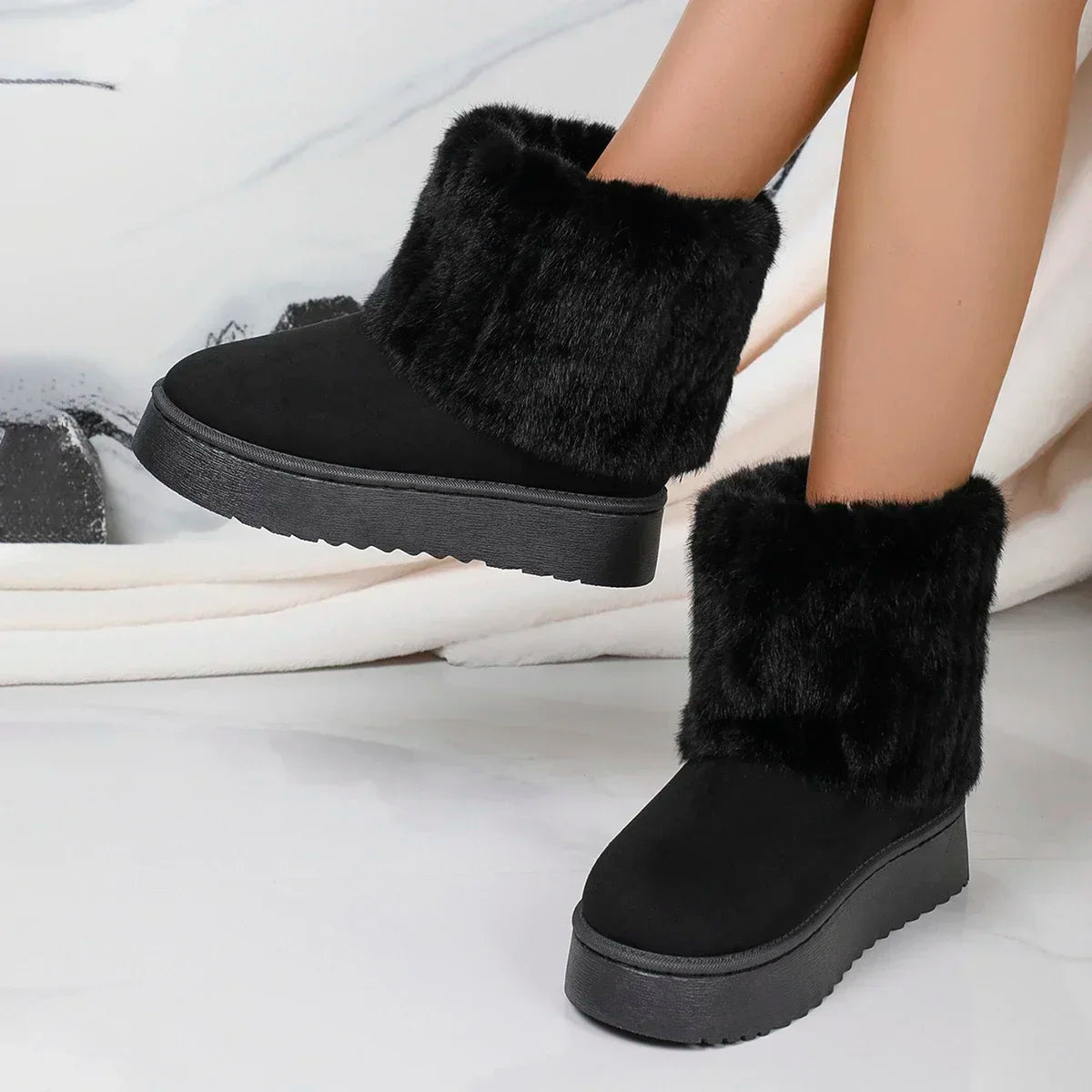 Fashion Women Round Toe Warm Thickened Plush Winter Beige Midcalf Boots Thick Sole Casual Comfortable Antislip Women Snow Boot