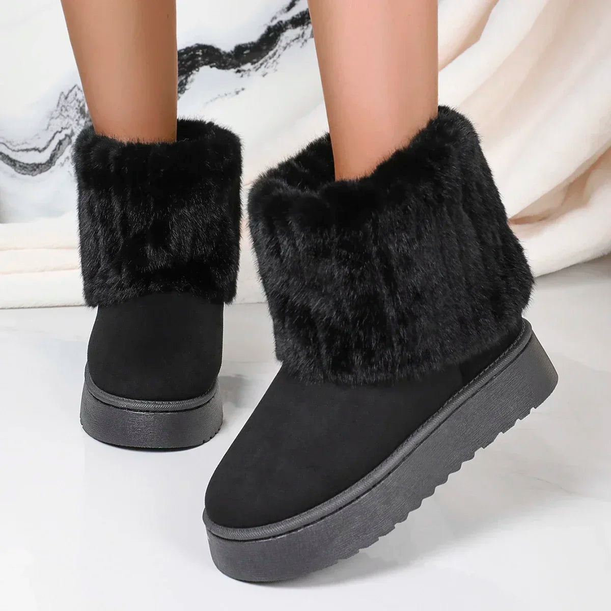 Fashion Women Round Toe Warm Thickened Plush Winter Beige Midcalf Boots Thick Sole Casual Comfortable Antislip Women Snow Boot