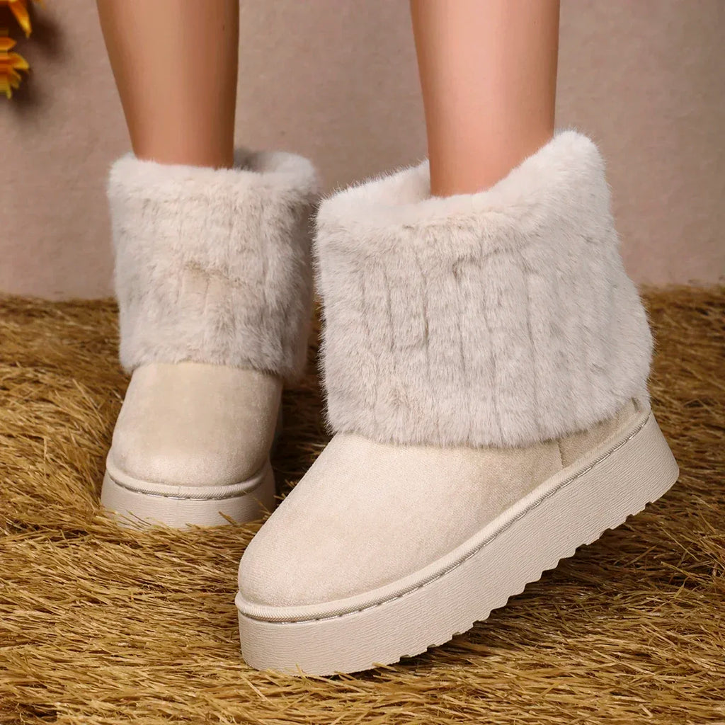 Fashion Women Round Toe Warm Thickened Plush Winter Beige Midcalf Boots Thick Sole Casual Comfortable Antislip Women Snow Boot
