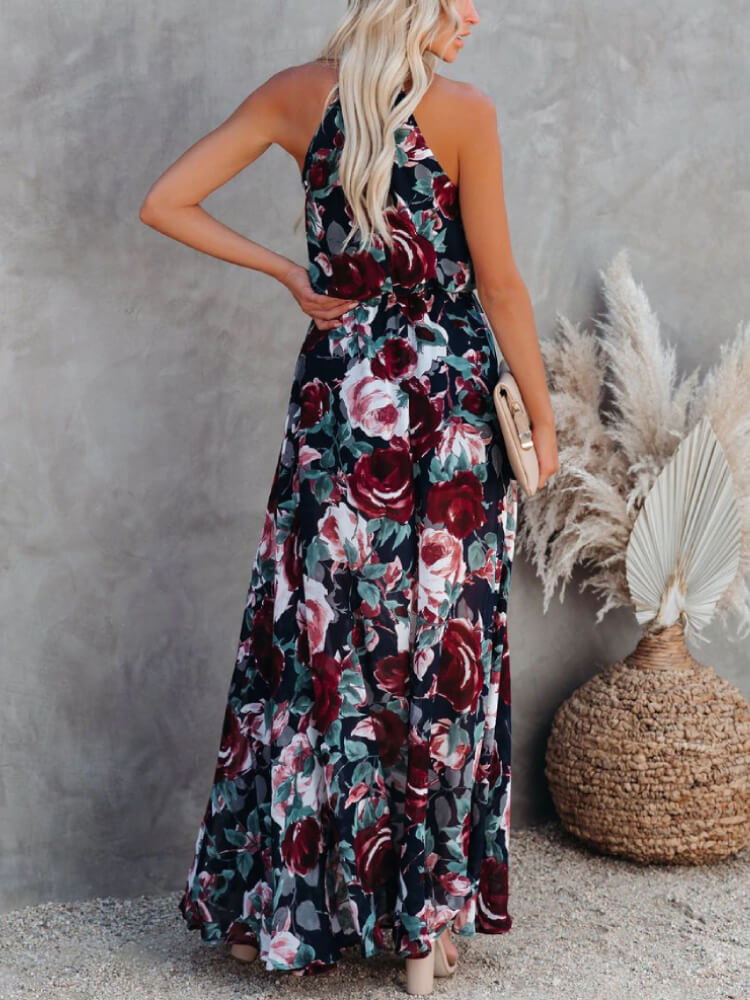 Fashion Print Split Joint Halter Waist Skirt Dresses