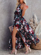 Fashion Print Split Joint Halter Waist Skirt Dresses