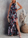 Fashion Print Split Joint Halter Waist Skirt Dresses
