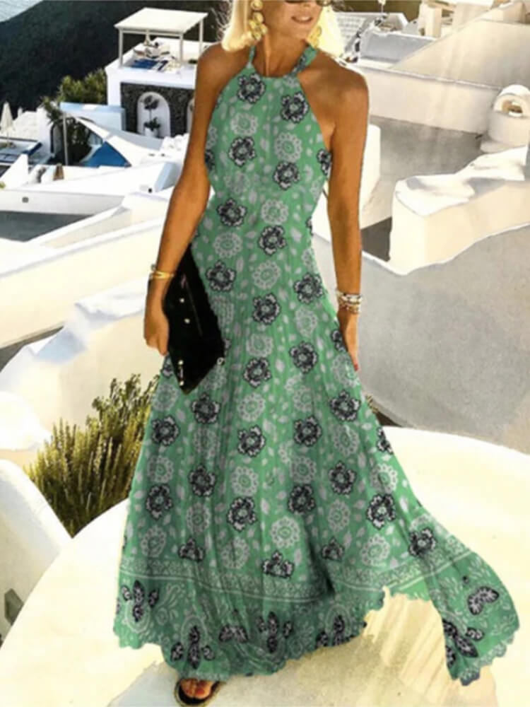 Fashion Sexy Halter Print Pleated Maxi Dress