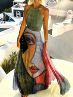 Fashion Sexy Halter Print Pleated Maxi Dress