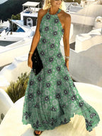Fashion Sexy Halter Print Pleated Maxi Dress