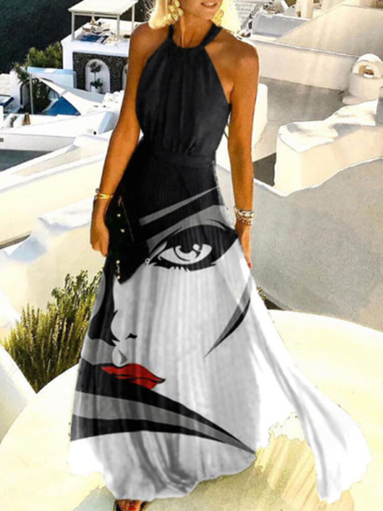 Fashion Sexy Halter Print Pleated Maxi Dress