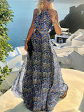 Fashion Sexy Halter Print Pleated Maxi Dress