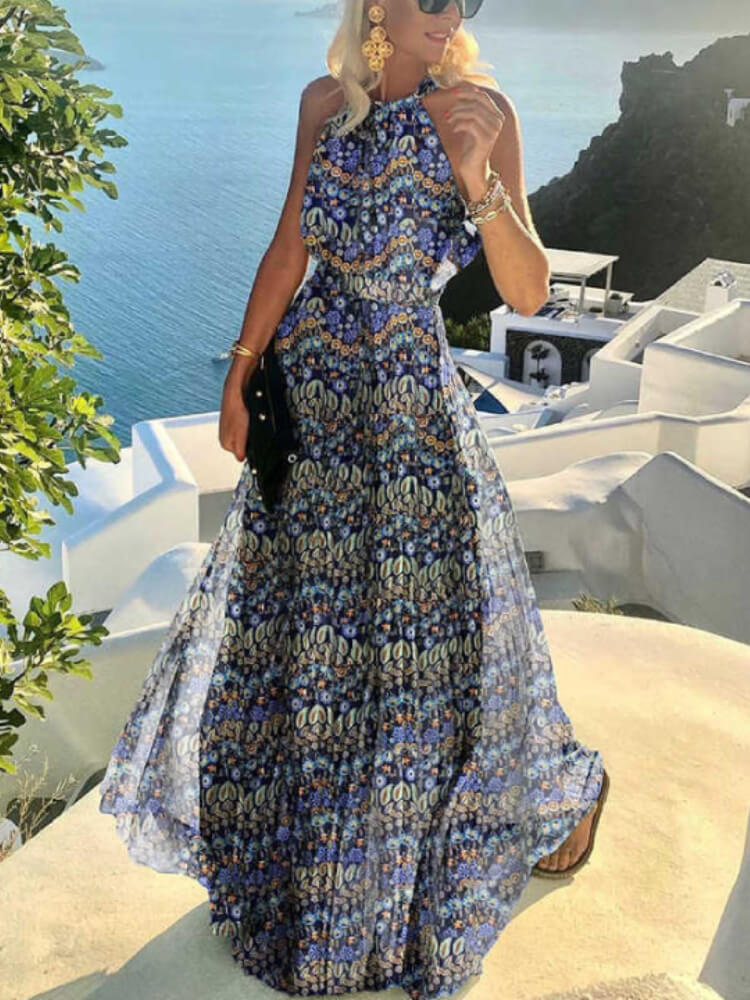 Fashion Sexy Halter Print Pleated Maxi Dress