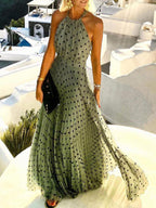 Fashion Sexy Halter Print Pleated Maxi Dress