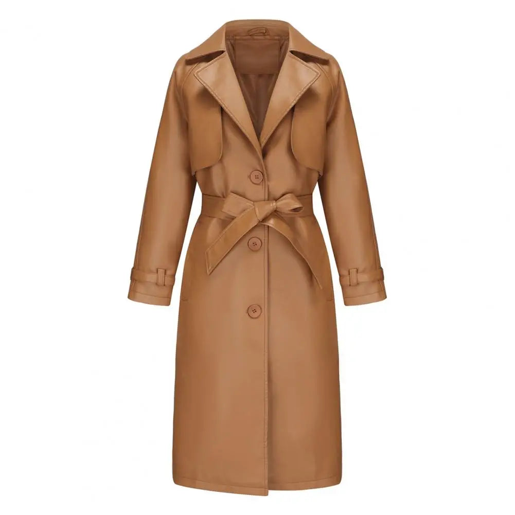 Faux Lapel Stylish Laceup Belted Mid Length Fall Jacket