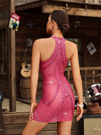 Halterneck Rhinestone Mini Dress In Hot Pink