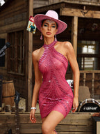 Halterneck Rhinestone Mini Dress In Hot Pink