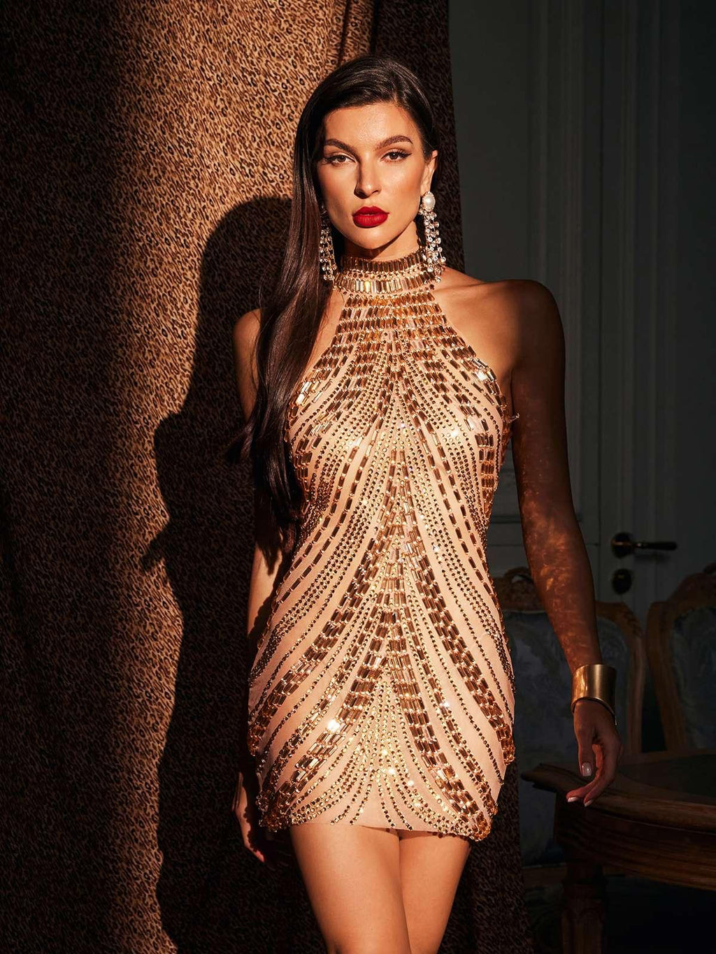 Halterneck Rhinestone Mini Dress