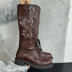 Designer Knee High Cross Tied Low Heel Autumn Ankle Boot
