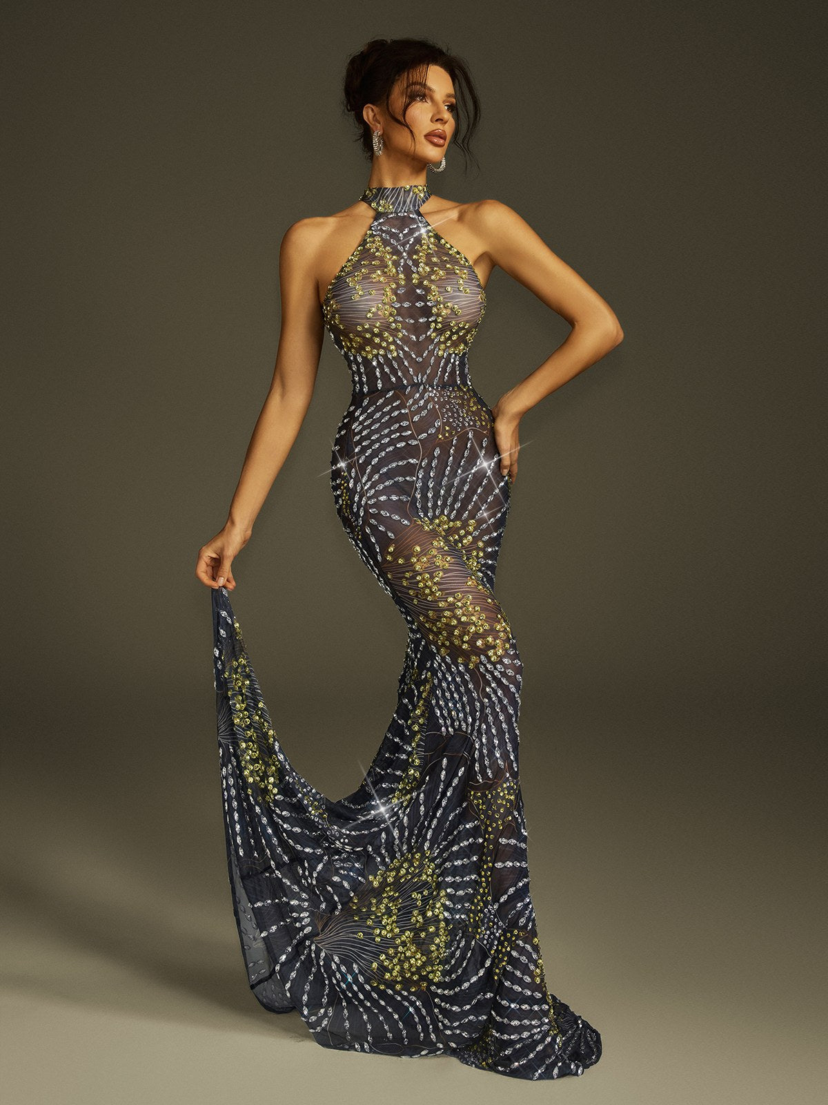 Crystal Mesh Mermaid  Maxi Dress