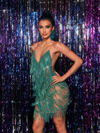 Crystal Chain Fringe Mesh Mini Dress In Deep Green