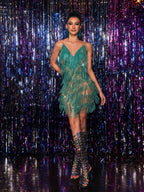 Crystal Chain Fringe Mesh Mini Dress In Deep Green
