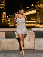 Crystal Chain Fringe Mesh Mini Dress In Silver