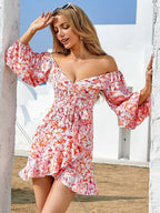 Flora print sexy V neck skirt irregular Ruffle Skirt Shoulder off dress